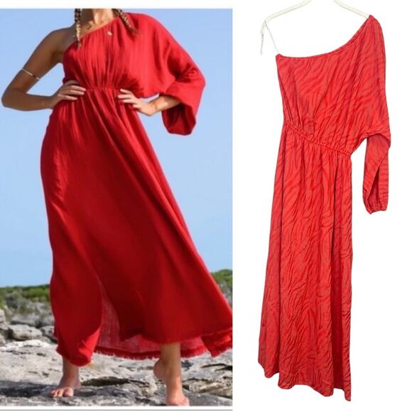Red Carter Julia One Shoulder Maxi Dress sz S 6 Red Cotton Gauze Cover Up Zebra - Picture 1 of 12